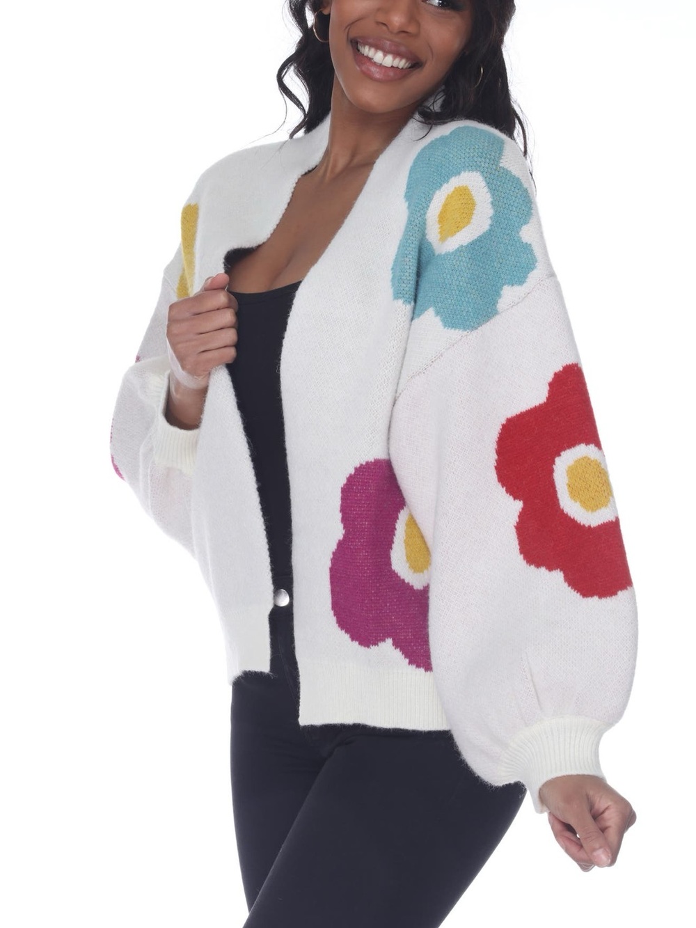 Rain & Rose Flower Sweater knit off White Floral Pattern Open Cardigan Sweater